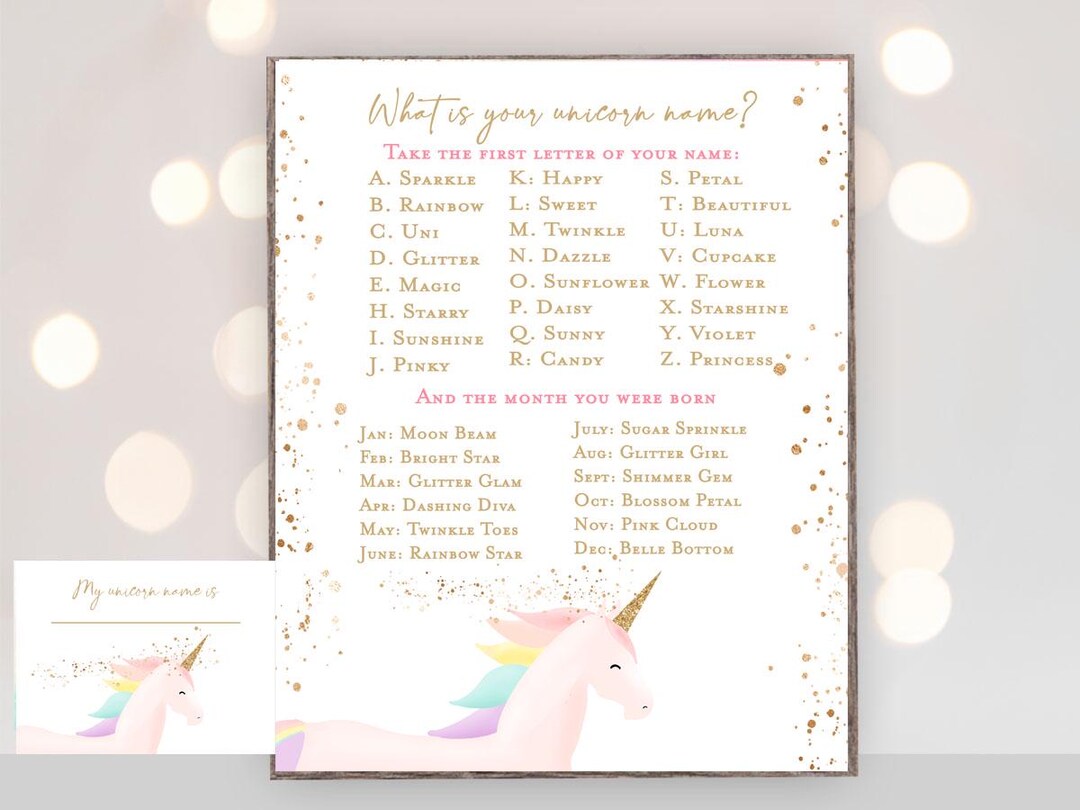 What’s My Unicorn Name Game, Unicorn Birthday Party Game Printable ...