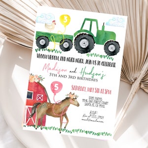 Boy and Girl FARM invitation Tractor and Horse invitation Sibling Dual Farm birthday party Barn animals Tractor horses invitation girl boy image 2