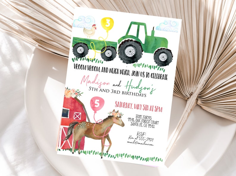 Boy and Girl FARM invitation Tractor and Horse invitation Sibling Dual Farm birthday party Barn animals Tractor horses invitation girl boy image 2