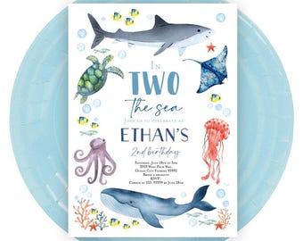 In TWO the sea invitation, Under the sea 2nd birthday Shark invitation, Sea second birthday Shark birthday invitation whale turtle stingray