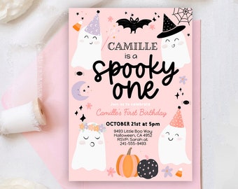 Spooky One Halloween Ghost 1st Birthday Party Invitation Editable, Pink Ghost First Birthday Spooktacular 1st Birthday Instant download