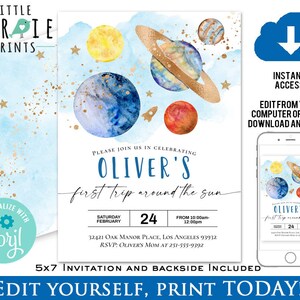May include: A blue and gold watercolor invitation with planets and stars. The text reads "Please join us in celebrating Oliver's first trip around the sun."  The invitation is for a first birthday party.  The date is Saturday, February 24th.  The time is from 10:00 am to 12:00 pm.  The address is 32421 Oak Manor Place, Los Angeles 93932.  The RSVP number is 251-555-9392.