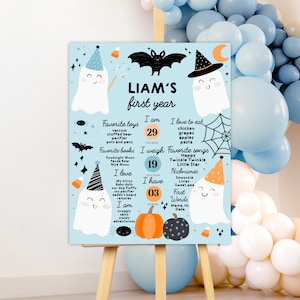 Spooky one birthday milestone poster Blue Ghost Halloween birthday party decorations 1st birthday Boy First Ghost birthday party Two Spooky