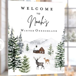 Niño Invierno ONEderland Signo de bienvenida NIÑO, Pinos Ciervos Nieve Bosque primer cumpleaños, Bosque Árboles Caza Cabaña de troncos copo de nieve Invierno