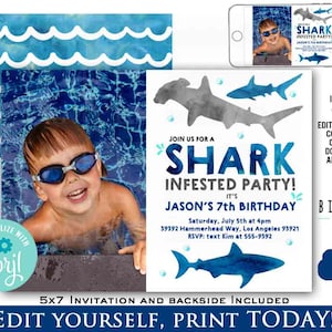 SHARK BIRTHDAY INVITATION  Shark Birthday party invitation  Shark Party Hammerhead shark Watercolor Boy Pool Party Summer Instant download