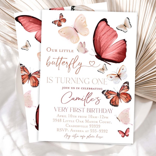 Editable Butterfly Birthday Invitation, 1st Birthday Invite, Rust Terrecotta Tan Beige First Birthday Invitation, Butterfly Birthday Party