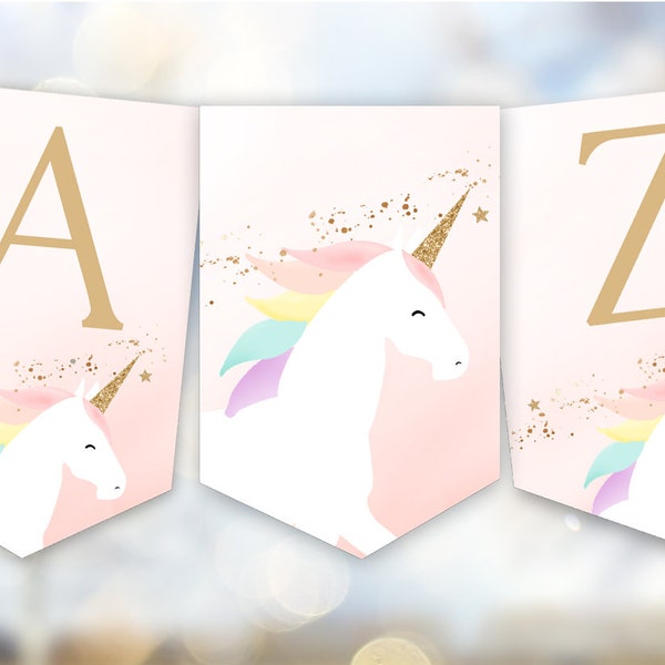 Printable Unicorn Banner, Unicorn birthday party banner ABC, Unicorn rainbows birthday party printable name banner happy birthday banner