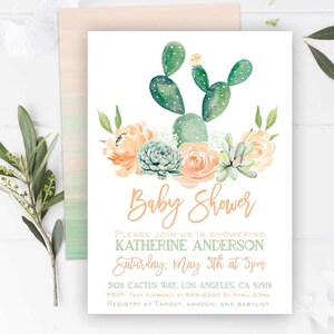 SUCULENTO Convite para CHÁ DE BEBÊ Gênero Neutro Aquarela flores convite para chá de bebê Cactus Fiesta Chá de bebê pêssego chá de bebê