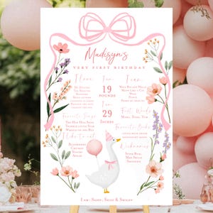 Affiche d'une oie idiote, noeud rose fille, première carte de fête du premier anniversaire, une oie idiote, décorations du 1er anniversaire de l'oie