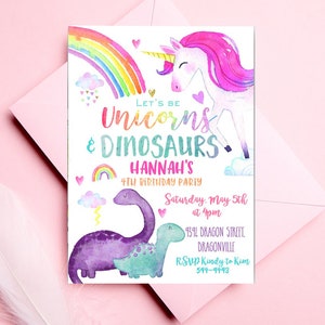 GIRL Dinosaur Birthday invitation Dinosaur and UNICORN Invitation Unicorn and Dino invitation Girl Rainbow Dinosaur invitation watercolor