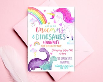 May include: A colorful invitation for a 4th birthday party with a unicorn and dinosaurs. The invitation says "Let's be Unicorns & Dinosaurs Hannah's 4th Birthday Party" with the date and time of the party, the address, and RSVP information.