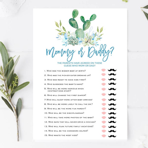 Cactus baby shower game guess who mommy or daddy Blue cactus game taco 'bout a baby Fiesta baby shower game blue flowers taco baby shower