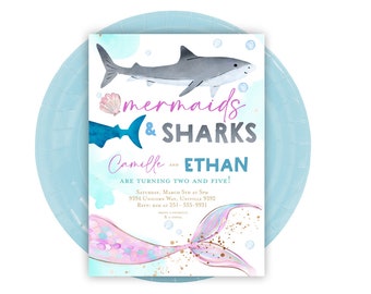 MERMAID and SHARK INVITATION Mermaid and shark birthday invitation Dual Sibling Boy Girl Birthday Invitation Under the Sea Pool Party Invite