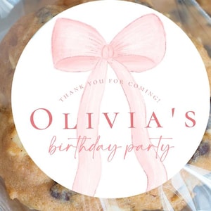 Pink bow favor tag round, Pink bow birthday party Coquette baby shower favor sticker tag, Thank you tag Party favor cookie sticker tag