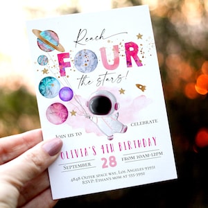 Girl Astronaut birthday invitation 4th birthday fourth birthday Pink Astronaut outer space balloons invitation, reach four the stars invite