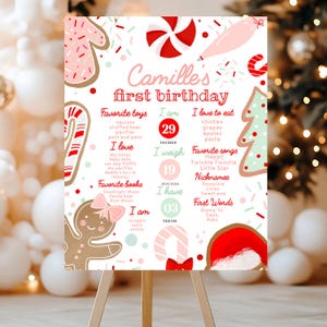 May include: A festive first birthday sign on an easel, featuring a gingerbread man, candy cane, and Christmas tree illustrations. The sign includes the text "Camille's first birthday" and details such as height (29 inches), weight (19 pounds), and favorite things.