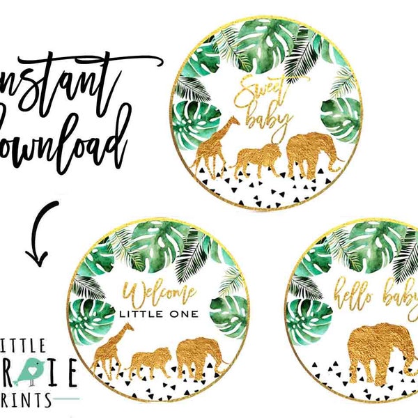 Gold JUNGLE BABY SHOWER decorations cupcake toppers Jungle shower Lion Elephant Giraffe Gold Jungle Decorations Gold animals baby shower