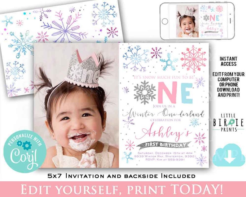 Winter onederland invitation Pink purple blue and silver winter onederland invitation winter invitation snowflake girl first birthday