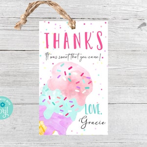 Editable ICE CREAM Birthday party favor tag Here's the scoop Girl Pastel Ice cream birthday Sweet One Two Sweet Four-ever sweet Three is