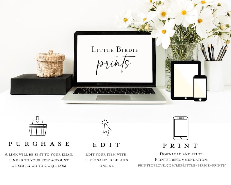 May include: A laptop, tablet, and smartphone are displayed on a white surface, with a vase of white flowers and stationery. The laptop screen reads "Little Birdie prints." Below are icons and text for purchase, edit, and print.