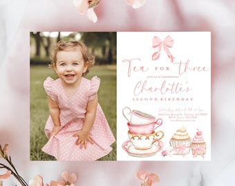 Invitación para fiesta de cumpleaños de té para tres, invitación para fiesta de té de tercer cumpleaños, invitación para fiesta de té de tercer cumpleaños de niña con lazos rosas, descarga instantánea