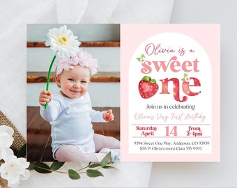 Strawberry First birthday invitation Sweet One first birthday invitation watercolor strawberries birthday party instant download