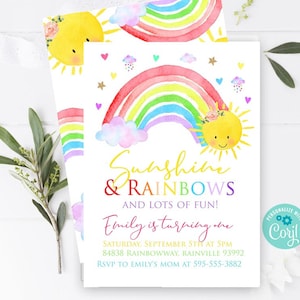 Sunshine rainbows invitation Sunshine and rainbows birthday invitation Rainbow first birthday Watercolor sunshine party 1st Birthday any age