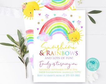 Puede incluir: Una invitación colorida con una ilustración de arcoíris y sol. El texto dice "Sunshine & Rainbows and lots of fun! Emily is turning one. Saturday, September 5th at 5pm. 84838 Rainbowway, Rainville 93992. RSVP to Emily's mom at 595-555-3882."