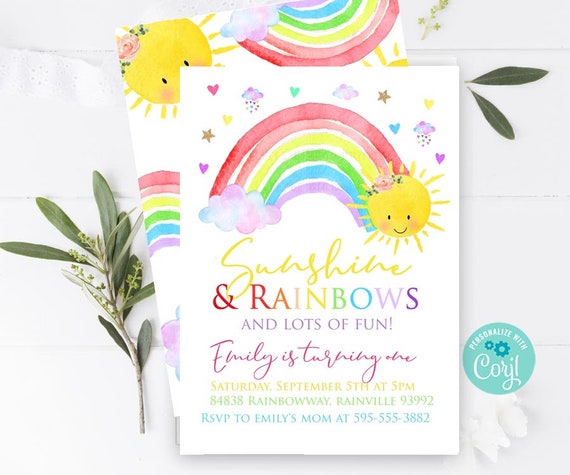 Sunshine rainbows invitation Sunshine and rainbows birthday invitation Rainbow first birthday Watercolor sunshine party 1st Birthday any age