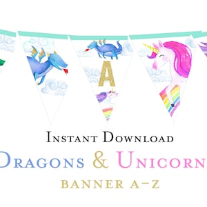 Unicorn Dragon birthday party printable banner, ABC banner Unicorns and Dragons boy girl birthday party decorations, dual siblings