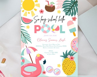 Faire-part de fin d'école, fête de l'école, si longtemps l'école Bonjour piscine Faire-part de fin d'études de l'école sortie de l'école pour l'été