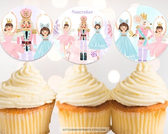 Nutcracker birthday party cupcake toppers cake topper, favor tag, Pastel pink Christmas printable decorations Ballerina sugar plum fairy