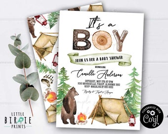 Camping baby shower invitation Adventure baby shower invitation Boy baby shower invitation Bear tent outdoor baby shower invitation