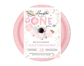 Editable Girl Space Birthday Invitation First Trip Around The Sun Houston we have a one year old Pink Astronaut Outer Space Planet rocket