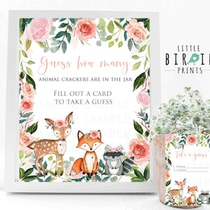 Girl Woodland Baby shower Indovina quanti cracker di animali ci sono nel barattolo con le carte indovinate Boho woodland baby shower gioco indovina quanti?