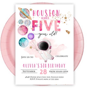Chica astronauta invitación de cumpleaños 5 º cumpleaños quinto cumpleaños rosa astronauta espacio exterior globos invitación, alcance cuatro las estrellas invitan