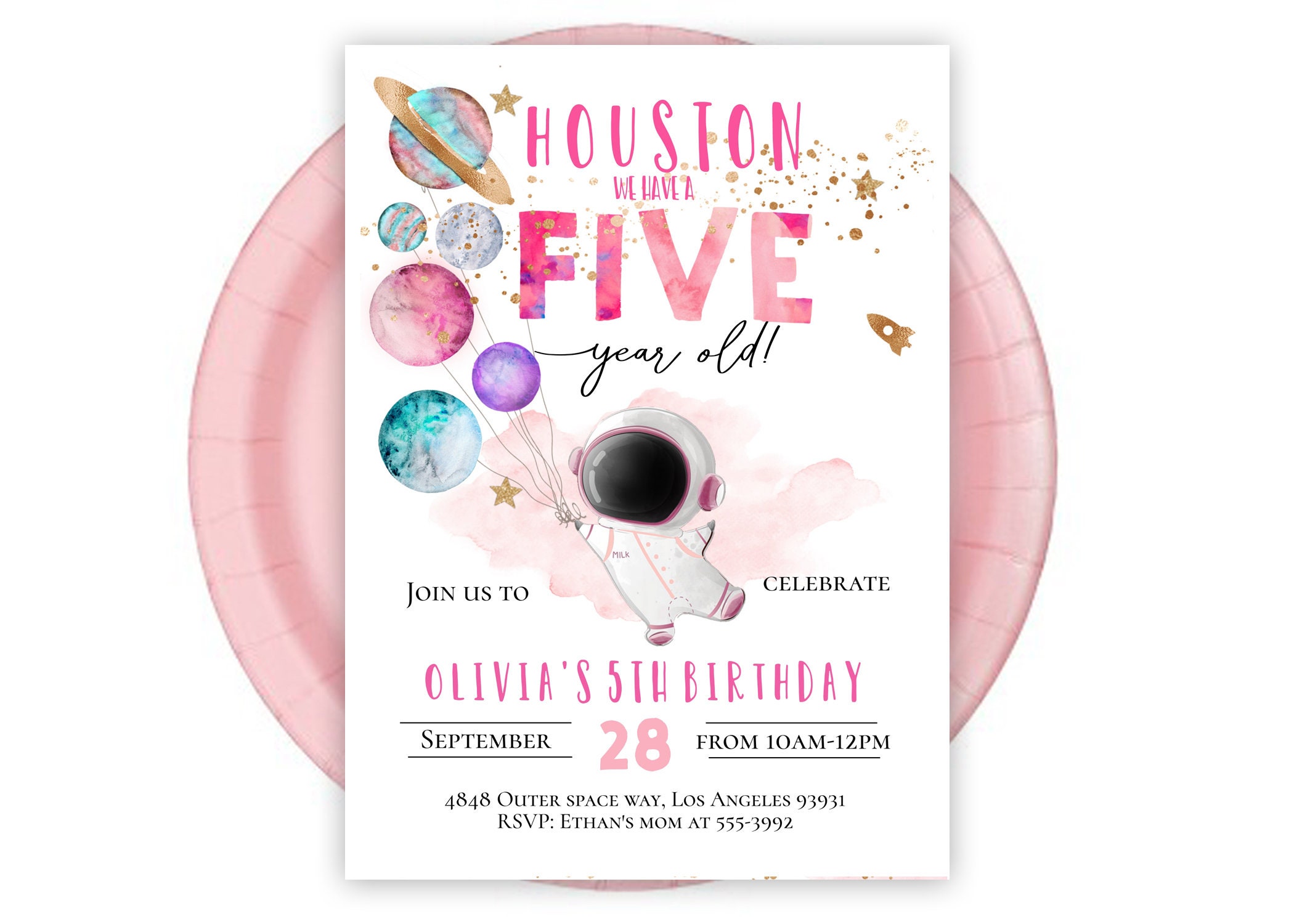 Girl Astronaut birthday invitation 5th birthday fifth birthday Pink Astronaut outer space balloons invitation, reach four the stars invite