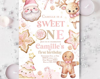 May include: A festive invitation for Camille's first birthday, featuring a watercolor design with a Santa Claus, reindeer, gingerbread man, and various cookies. The text reads "Camille is a Sweet One" and includes event details.