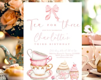 Invitación para fiesta de cumpleaños de tres, invitación para fiesta de té de tercer cumpleaños, descarga instantánea de fiesta de tercer cumpleaños de niña con lazos rosas