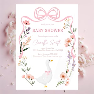 May include: A pink and white baby shower invitation with a floral border and a white goose with a pink bow. The invitation says "kindly join us for a baby shower honouring the mom-to-be Camille Smith" and includes the date, time, and location of the event.