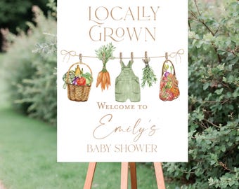 Znak powitalny na baby shower z lokalnie uprawianej rośliny, znak na targu rolniczym, brunch na baby shower lub świeże kwiaty z ogrodu, owoce, warzywa, prysznic z jabłkami