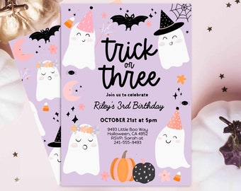 Trick or three Halloween Purple Ghost 3rd Birthday Party Invitation Editable Ghost Third Birthday Spooktacular 3rd Birthday Instant download