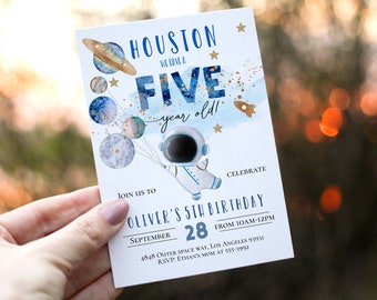 May include: A white rectangular birthday invitation card featuring a cartoon astronaut holding planet balloons. The text reads HOUSTON WE HAVE A FIVE YEAR OLD! OLIVER'S 5TH BIRTHDAY, SEPTEMBER 28, 10AM-12PM, 4848 OUTER SPACE WAY, LOS ANGELES 93931, RSVP: ETHAN'S MOM AT 555-3992.