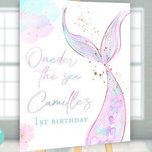 Oneder the sea mermaid welcome sign, Oneder the sea first birthday party, Under the sea pastel mermaid tail invitation iridescent
