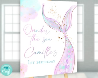 Oneder the sea mermaid welcome sign, Oneder the sea first birthday party, Under the sea pastel mermaid tail invitation iridescent