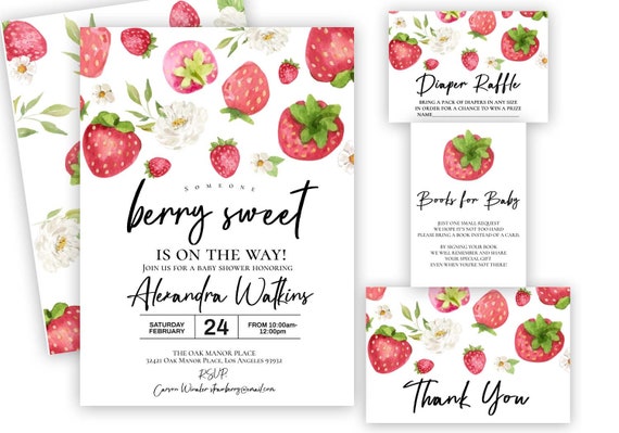 Editable Strawberry Baby Shower Invitation Berry Sweet Baby 