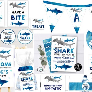 Shark birthday party printables pack Shark invitation Shark banner cupcake toppers favor tags welcome sign Shark Pool party template set