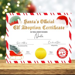 Certificado de adoção de elfo, Certificado de adoção de elfo editável, Carta oficial do Papai Noel, atividade de Natal para crianças para download instantâneo para impressão