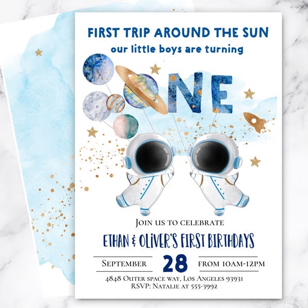 Editable Twins Astronaut Birthday Invitation Space First Trip Around The Sun Houston we have a one year old, Astronaut Outer Space Planet