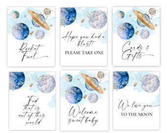 OUTER SPACE Baby Shower Decorations SIGNS // Planets Space Rocket Fuel Blast Off To the moon // Food Drink Welcome Baby Shower Signs Favors
